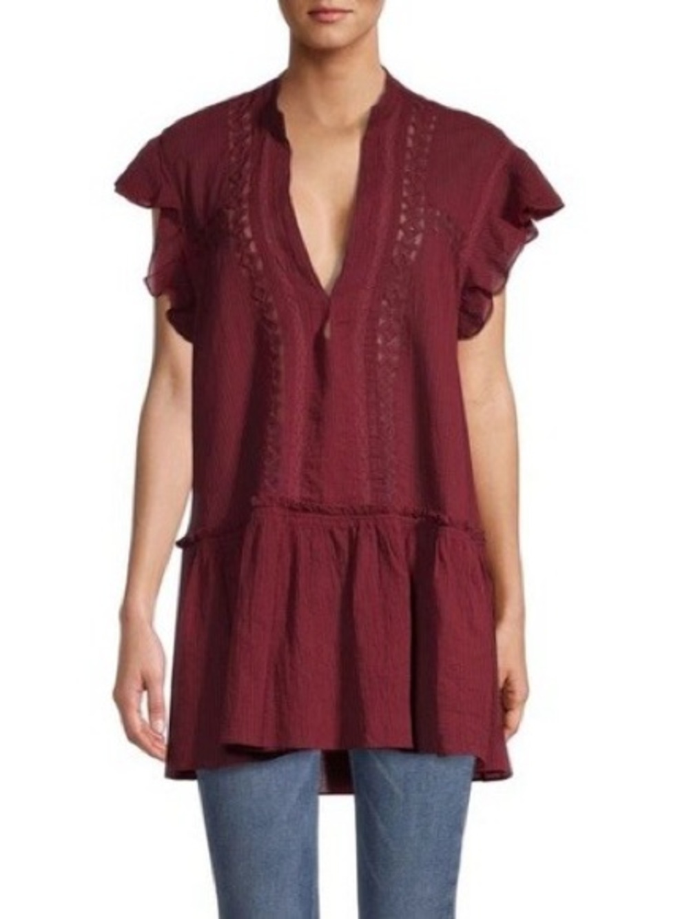 Free People Burgundy V-Neck Ruffle Sleeve Peplum Tunic